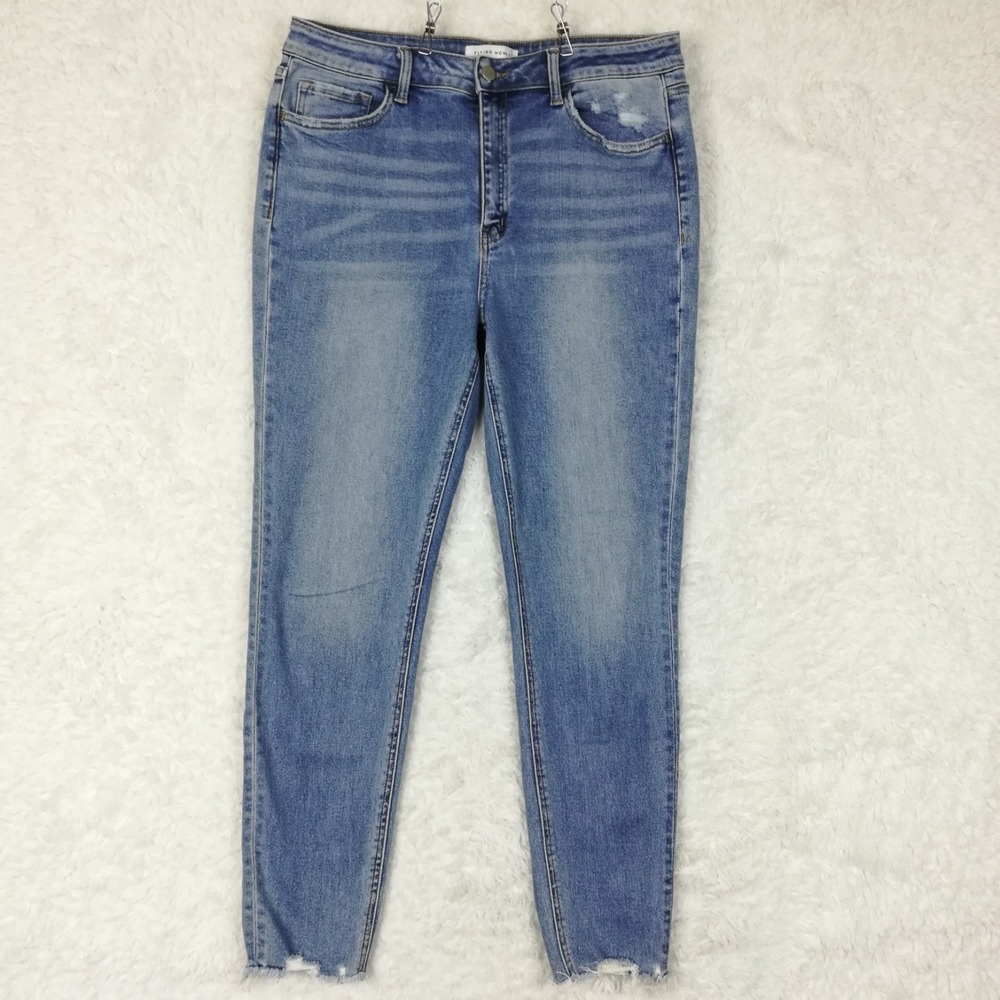 Flying Monkey Womens Jeans Skinny Blue Denim Frayed Hem High Rise Stretch 32